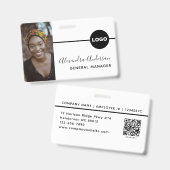 従業員フォトID会社ロゴQRコードホワイトブラック バッジ (Front & Back)