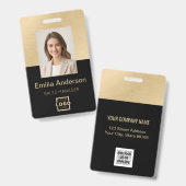 従業員フォトID QRコードロゴブラックブラシ付き金ゴールド バッジ (正面＆裏面)