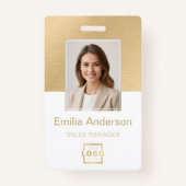 従業員フォトID QRコードロゴホワイトブラシ付き金ゴールド バッジ (正面)