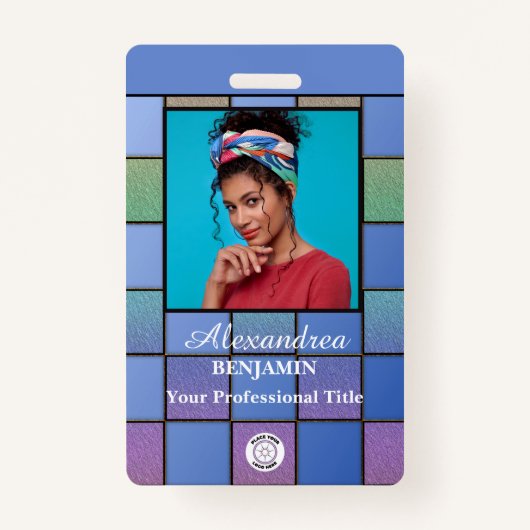 従業員モダンの写真ロゴバーコードのパーソナライズ バッジ (正面)