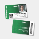 従業員写真付きIDロゴバーコード モダンなリネングリーン バッジ (正面＆裏面)