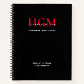 従業員名パーソナライズされたモノグラムのロゴ黒の赤 ノートブック (正面)