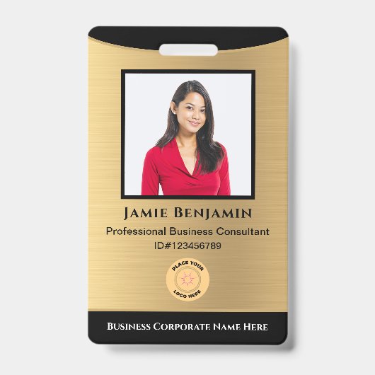 従業員名フォトバーコードロゴ金ゴールドブラック バッジ (正面)
