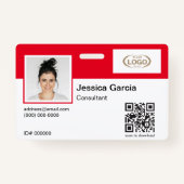 従業員名写真会社ロゴQRコード赤 バッジ (正面)