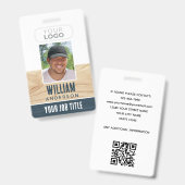 従業員素朴ID名Photo Woodgrain Blue バッジ (正面&裏面)