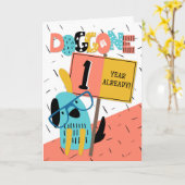 従業員記念日1年漫画犬 カード (黄色い花)