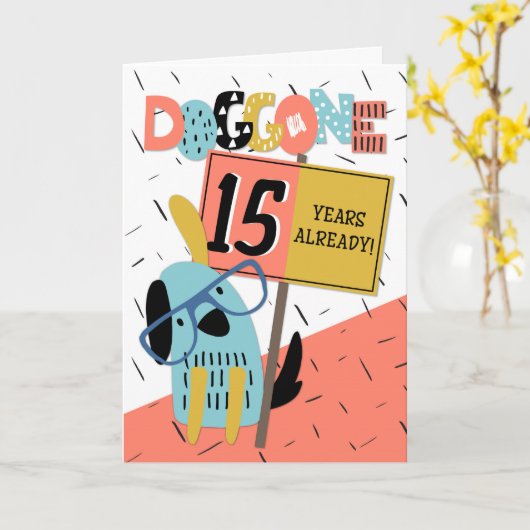 従業員記念日15年漫画犬 カード (黄色い花)