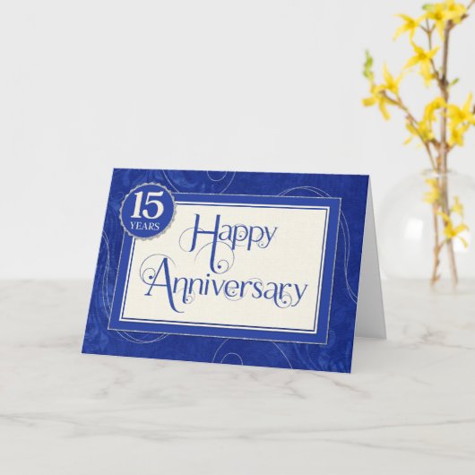 従業員記念日15年 – 文字渦巻き青 カード (黄色い花)