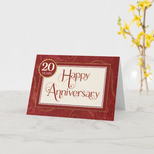 従業員記念日20年 – 文字渦巻きダマスク カード (黄色い花)