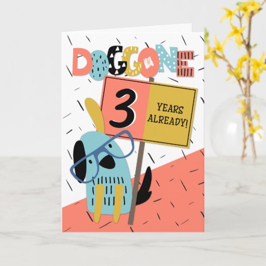 従業員記念日3年漫画犬 カード (黄色い花)