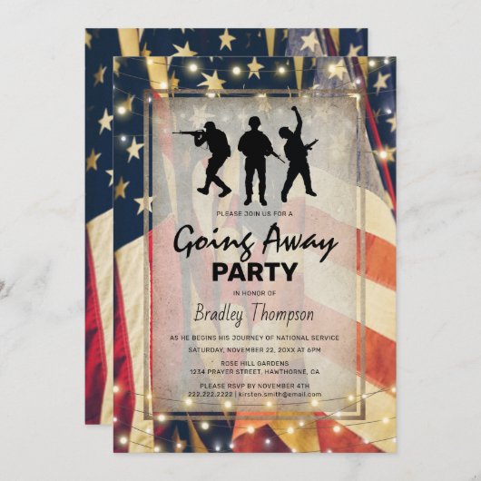 従軍遠くにヴィンテージ愛国国旗 招待状 (正面/裏面)