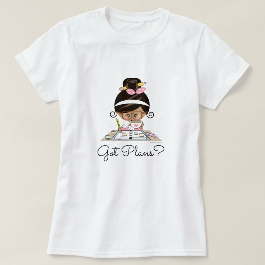 得られた計画のプランナーの女の子の黒髪の暗闇の皮 Tシャツ (デザイン正面)