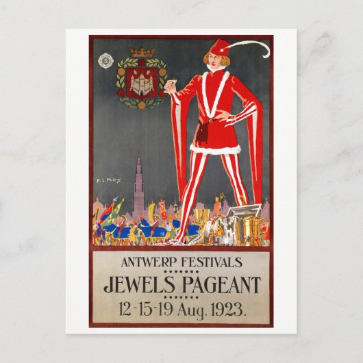 復元されたベルギー・アントワープ・ヴィンテージ・トラベル・ポスター ポストカード (正面)