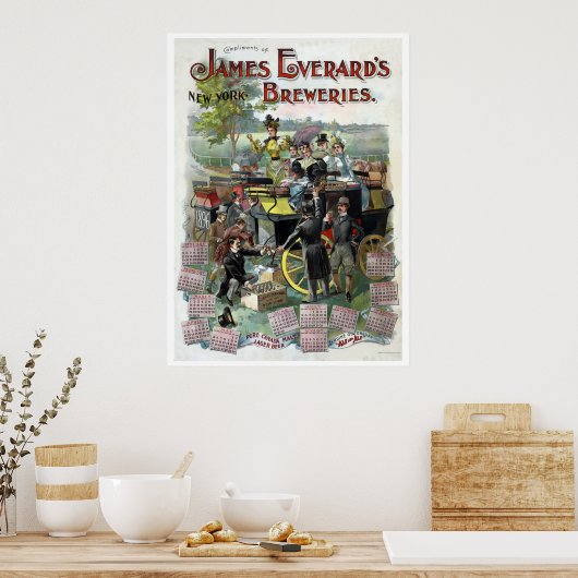 復元されたヴィンテージニューヨーク醸造所カレンダー ポスター (キッチン)
