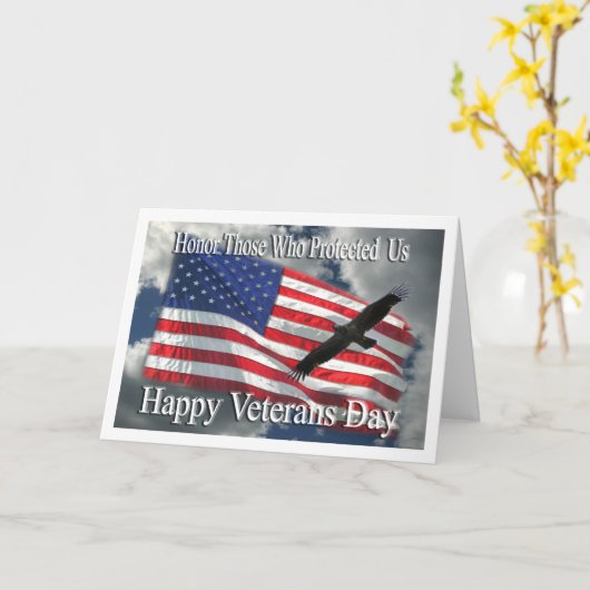 復員軍人の日のワシおよび旗のサンキューカード カード (黄色い花)