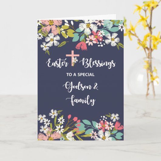 復活したキリストのゴッドソンと家族の復活祭恵み カード (黄色い花)