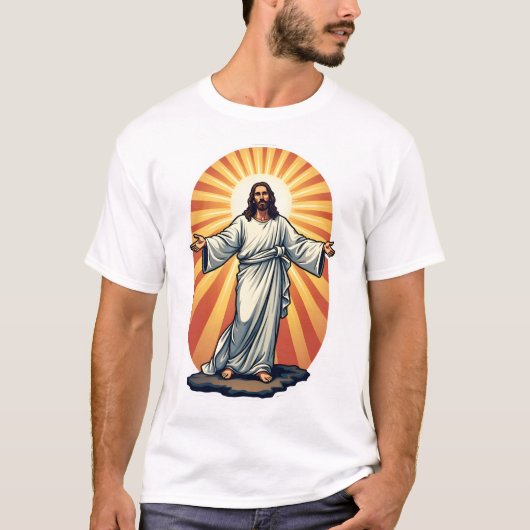 復活したキリストの光線 ビンテージ風彫刻Tシャツ Tシャツ (正面)