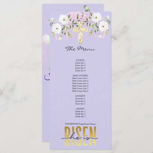 復活した宗教的クリスチャン引用文ラベンダーイースター メニュー (正面/裏面)