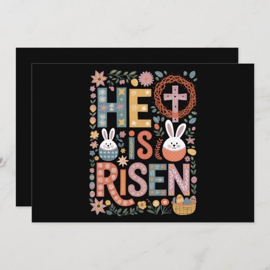 復活のイエス・フローラル・かわいいイースターバニー・ウサギ 招待状 (正面/裏面)