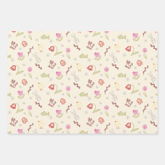 復活祭のかわいいドードルの動物と花 ラッピングペーパーシート (正面3)