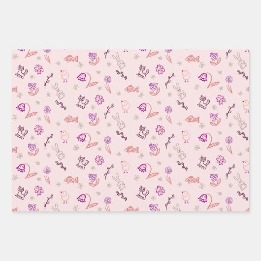 復活祭のかわいいドードルの動物と花 ラッピングペーパーシート (正面)