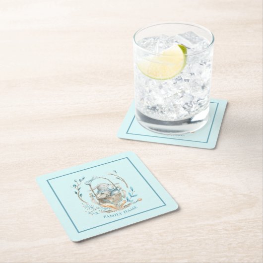 復活祭のバスケットに入ったバニーハッピーイースター文字 スクエアペーパーコースター (インサイチュ)