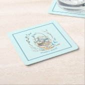 復活祭のバスケットに入ったバニーハッピーイースター文字 スクエアペーパーコースター (アングル)