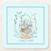 復活祭のバスケットに入ったバニーハッピーイースター文字 スクエアペーパーコースター (正面)