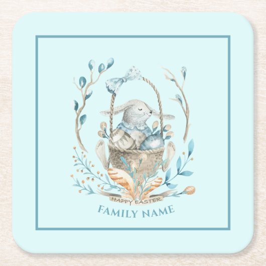 復活祭のバスケットに入ったバニーハッピーイースター文字 スクエアペーパーコースター (正面)