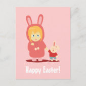 復活祭のバニーフード付きスウェットシャツ服の女の子 シーズンポストカード (正面)