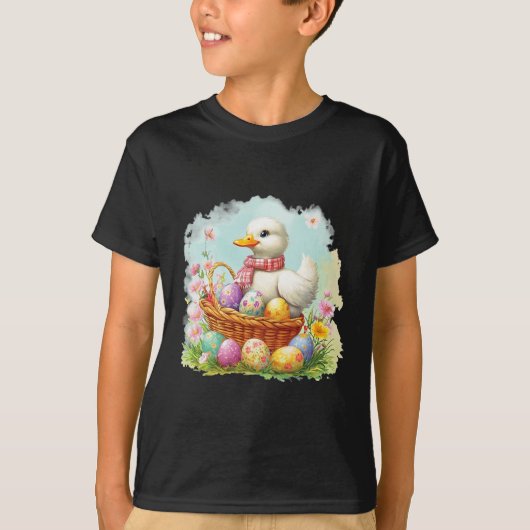 復活祭の卵が詰まった脇道に白いアヒル;復活祭 Tシャツ (正面)