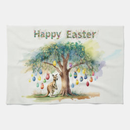 復活祭の卵とグムツリーの下のカンガルー キッチンタオル
