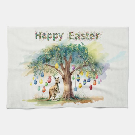 復活祭の卵とグムツリーの下のカンガルー キッチンタオル (横)