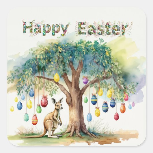 復活祭の卵とグムツリーの下のカンガルー スクエアシール (正面)