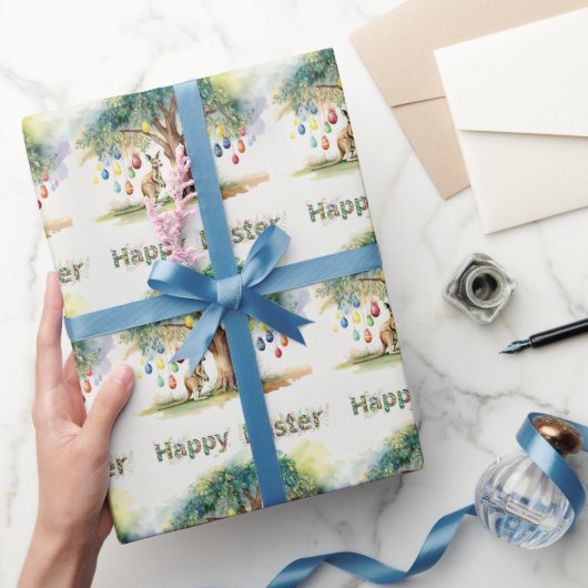 復活祭の卵とグムツリーの下のカンガルー ラッピングペーパー (ギフト)