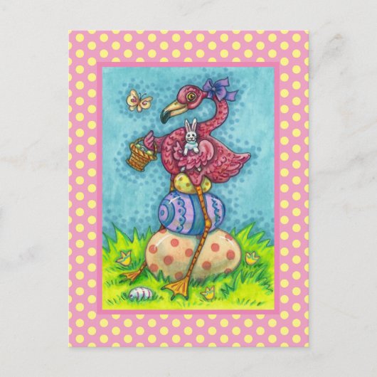 復活祭の卵とバニーと可愛いベビーピンクフラミンゴ シーズンポストカード (正面)