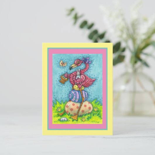 復活祭の卵とバニーと可愛いベビーピンクフラミンゴ シーズンポストカード (スタンド正面)