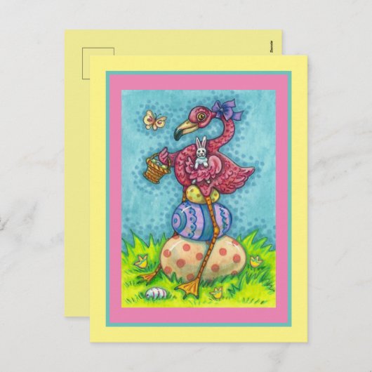 復活祭の卵とバニーと可愛いベビーピンクフラミンゴ シーズンポストカード (正面/裏面)