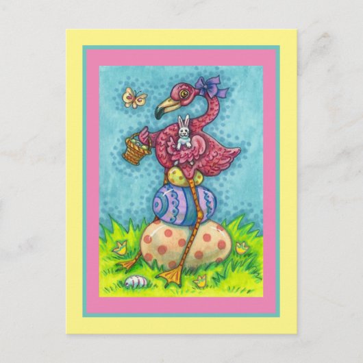 復活祭の卵とバニーと可愛いベビーピンクフラミンゴ シーズンポストカード (正面)