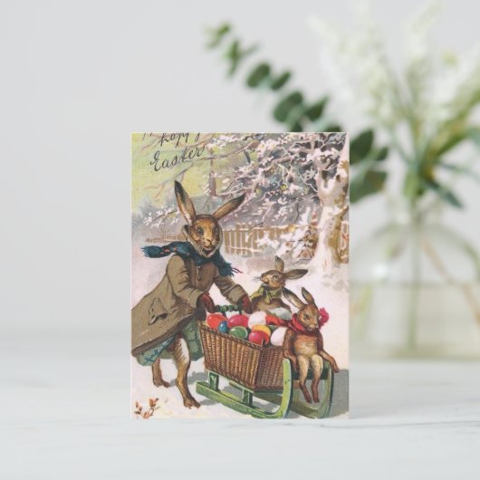 復活祭の卵を届けるゴージャスなスノーバニー シーズンポストカード (スタンド正面)