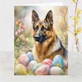 復活祭の卵を持つドイツの羊飼い カード (黄色い花)