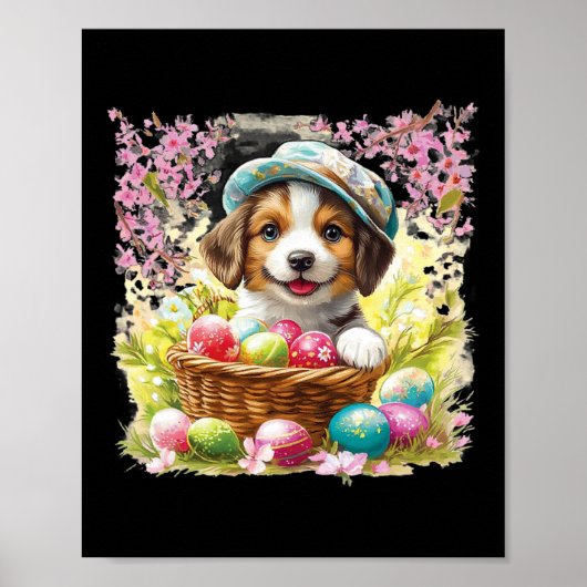 復活祭の卵を満載のbysketを持つ子犬；幸せなEas ポスター (正面)