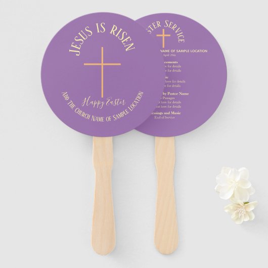 復活祭の日曜日の紫色の教会の礼拝 ハンドファン (正面&裏面)
