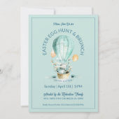 復活祭の花で熱気球バスケットに入ったバニー 招待状 (正面)