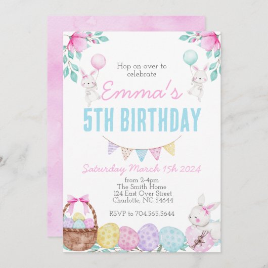 復活祭の誕生日の招待状、バニーの誕生日 招待状 (正面/裏面)
