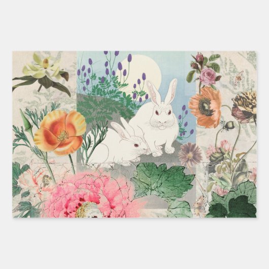 復活祭の贈り物ラッピングシーツ花とバンニ ラッピングペーパーシート (正面)