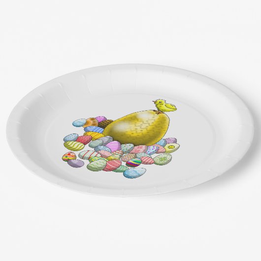 復活祭の雛とゴールデンイースターの卵 ペーパープレート (アングル)