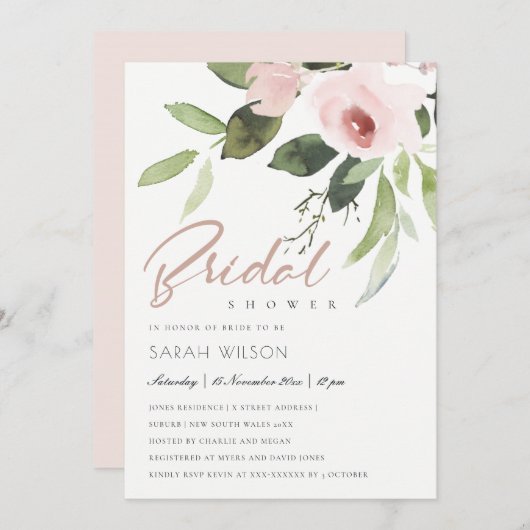 微妙なカラー洗浄赤面ピンクフローラブライダルシャワー 招待状 (正面/裏面)