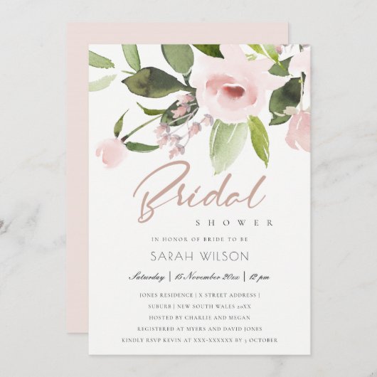 微妙なカラー洗浄赤面ピンクフローラブライダルシャワー 招待状 (正面/裏面)