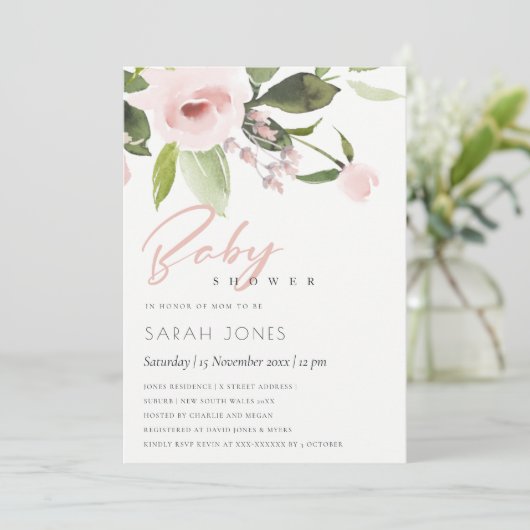 微妙なカラー洗浄赤面ピンクフローラベビーシャワー 招待状 (スタンド正面)